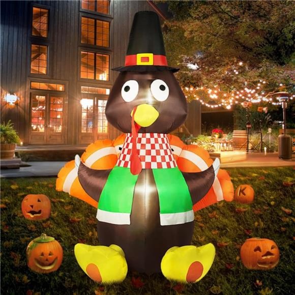6FT Thanksgiving Inflatables Turkey Decorations with Colorful Tail, Lights - Picture 3 of 6